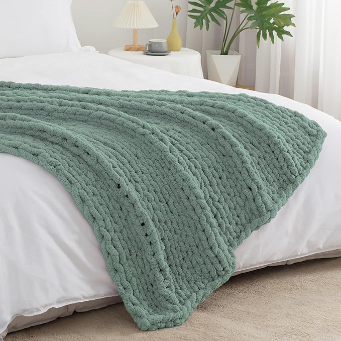 Chunky Knit Throw Blanket 50"X 60", 100% Handmade with Soft Chenille Yarn, 4.4lbs Thick Cable Knitted Blankets, Large Rope Knot Crochet Throws for Couch Sofa Bed Home Decor, Sage Green