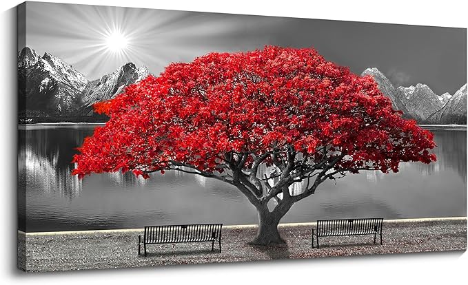Black and White Red Tree Wall Art Canvas Print Picture Large Red Tree Landscape Modern Artwork for Living Room Bedroom Office Home Wall Decor With Frame 24X48inch