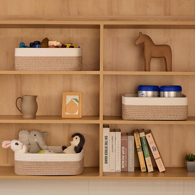 Large Shallow Organizing Baskets 15x11x5.1 Inches - Rope Woven Storage Bins for Bathroom, Shelves, Cube Closet, White Mixed Brown 2 Packs