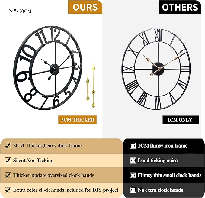 CLXEAST 24 Inch Wall Clocks for Living Room Decor, Black Metal Wall Clock, Arabic Numeral