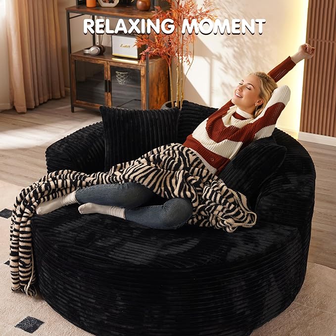 ovios 58" Oversized Round Chair Lounge Chaise Indoor, No Assembly Required, Cloud Large Circle Chair with Plush Fuax Fur, Fluffy Modern Sleeper Sofa Bed for Reading Yoga, Black (Plush Corduroy Fabric)