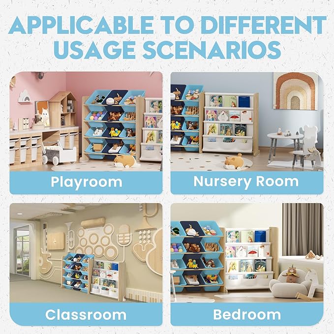 Kids Toy Storage Organizer - Toy Storage with Kids Bookshelf, Toy Organizer with 12 Blue Bins and 4 Book Shelves, Toy Organizers and Storage for Playroom, Nursery, Kids Room, Burlywood