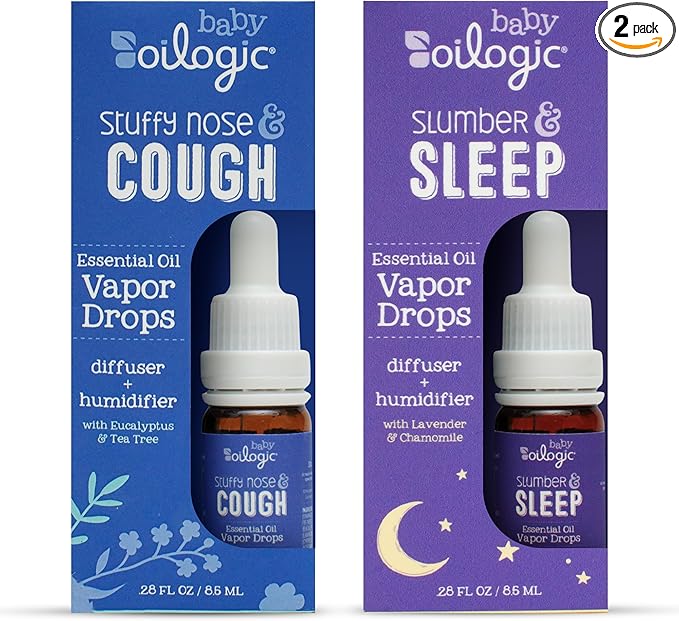 Oilogic Baby Essential Oil Vapor Drops for Diffuse & Humidifier, 2-Pack Set with Stuffy Nose & Cough + Slumber & Sleep - Baby Aromatherapy Oil is Safe for Babies, Kids & Toddlers