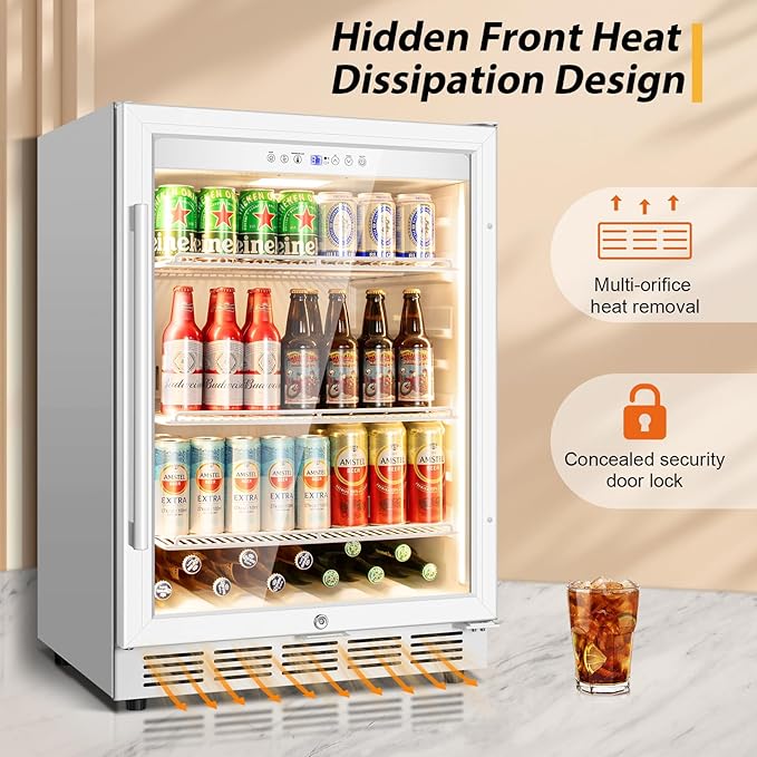 Tylza Beverage Refrigerator 24 Inch, Under Counter/Freestanding Drink Fridge, 190 Cans Beverage Cooler with Glass Door, Reversible Door, Low Noise, Quick Cooling - for Beer, Soda, ETC, White