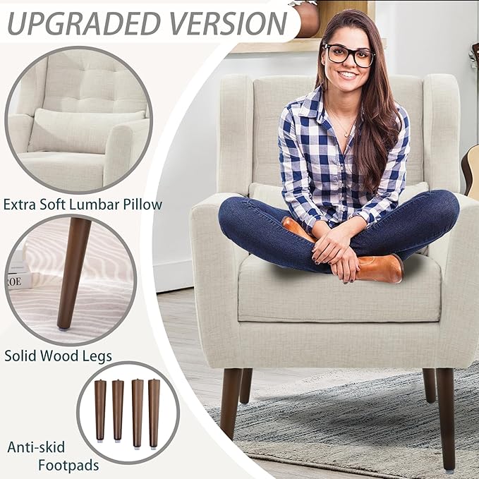 Modern Accent Chair, Upholstered Armchair with Pillow, Fabric Single Sofa Chair with Lounge Seat and Wood Legs Accent Chair for Living Room Bedroom Small Spaces (Beige, Set of 2)