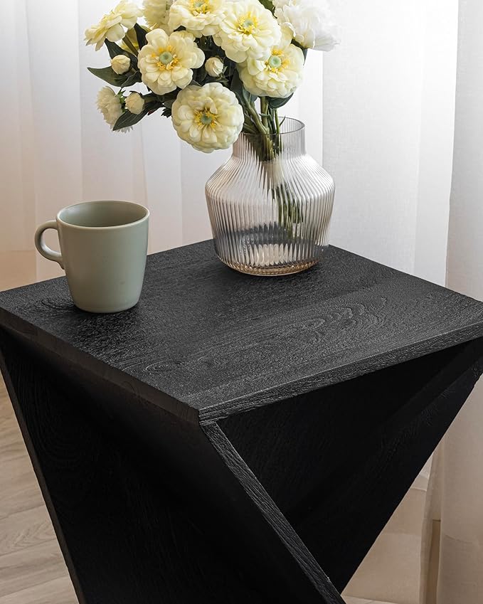 Modern Hand Made One-of-a-Kind Carved Mango Wood End Table, Farmhouse Side Table,Farmhouse End Table,Living Room,Bedroom, Accent Table, Contemporary Architectural Designed Black,Assembled