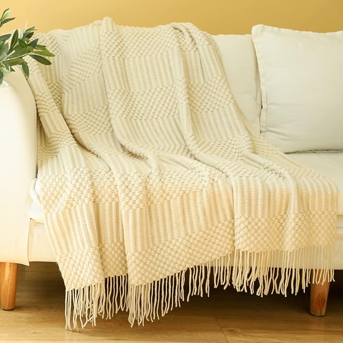 Blagic Knitted Throw Blanket for Couch, Bed and Sofa. Super Soft Blanket with Tassels, Beige Throw Blanket, 60 x 80Inches Lightweight & Cosy Home Decor
