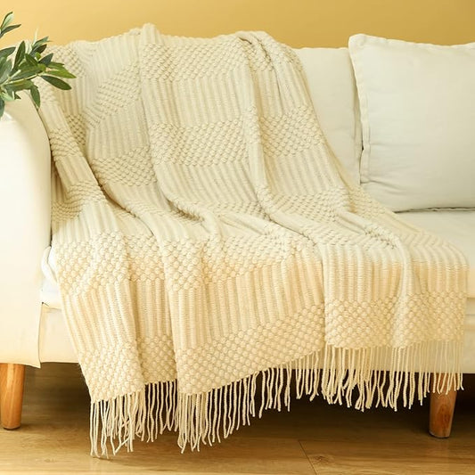 Blagic Knitted Throw Blanket for Couch, Bed and Sofa. Super Soft Blanket with Tassels, Beige Throw Blanket, 60 x 80Inches Lightweight & Cosy Home Decor