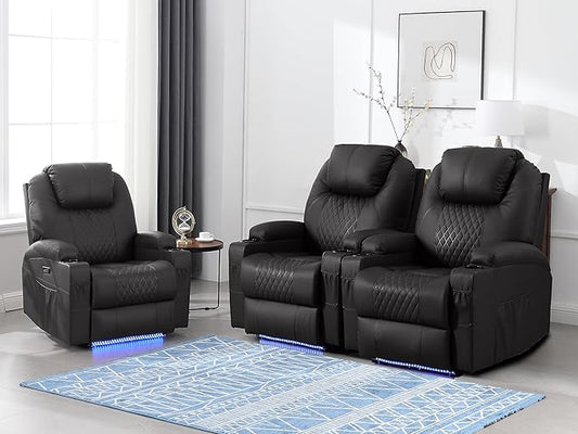 Power Recliner Chair with Heat and Massage, PU Leather Home Theater Seating with LED Lights/Cup Holders/Side Pocket/USB Port, Reclining Sofa Chair for Living Room (3, Black)