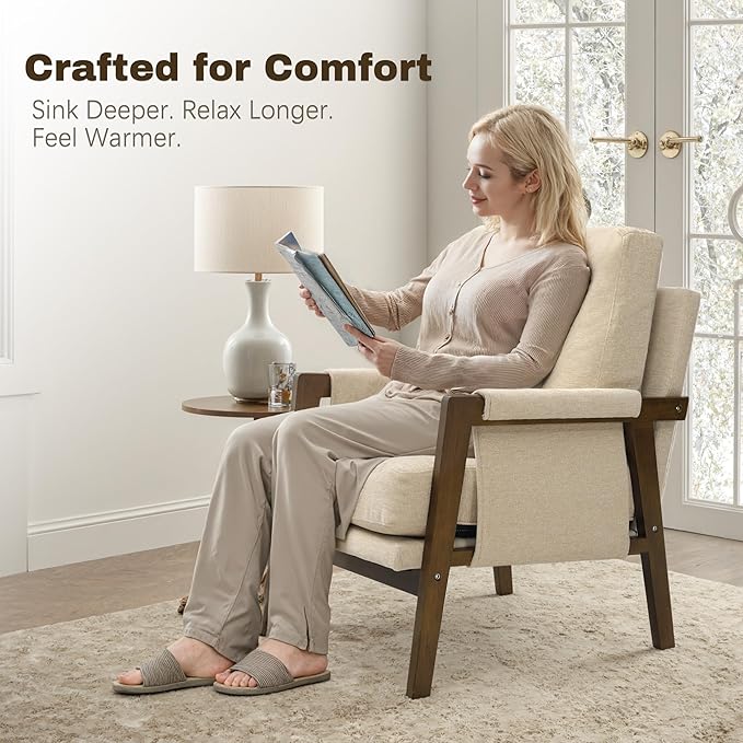 Modern Accent Chairs Set of 2 for Living Room Mid Century Arm Chairs Upholstered Bedroom Chairs Comfy Lounge Chairs with Solid Wood Frame, Beige
