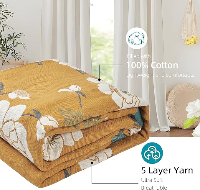 Boho Throw Blanket for Bed - 100% Pure Cotton Ultra Soft Rustic Quilt - Farmhouse Decor Bed Blankets, All Season Rustic Throw for Sofa Couch Chair(60"×80", Flower Branch 2)