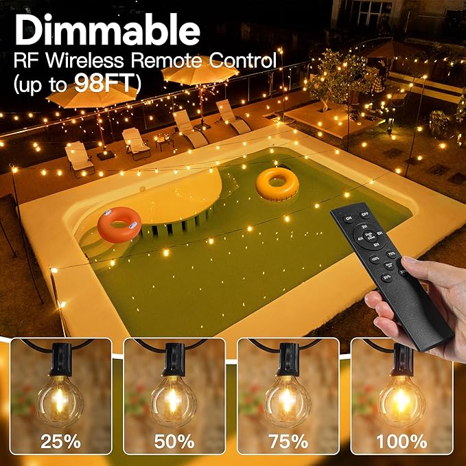 50FT Outdoor String Lights with Remote Dimmer, 25+2 Led Bulbs Connectable Dimmable Outdoor Lights, Support Timer Waterproof Shatterproof for Patio Yard Porch Deck