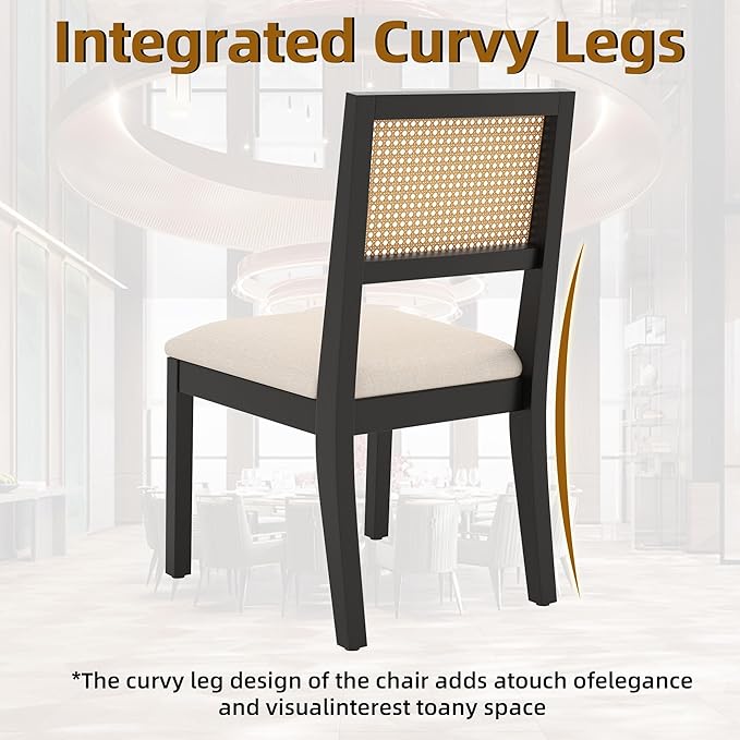 Westice Rattan Dining Chairs Set of 6, Farmhouse Natural Dining Room Chairs with Upholstered Cushion, Wood Armless Chairs for Kitchen/Restaurant, Black