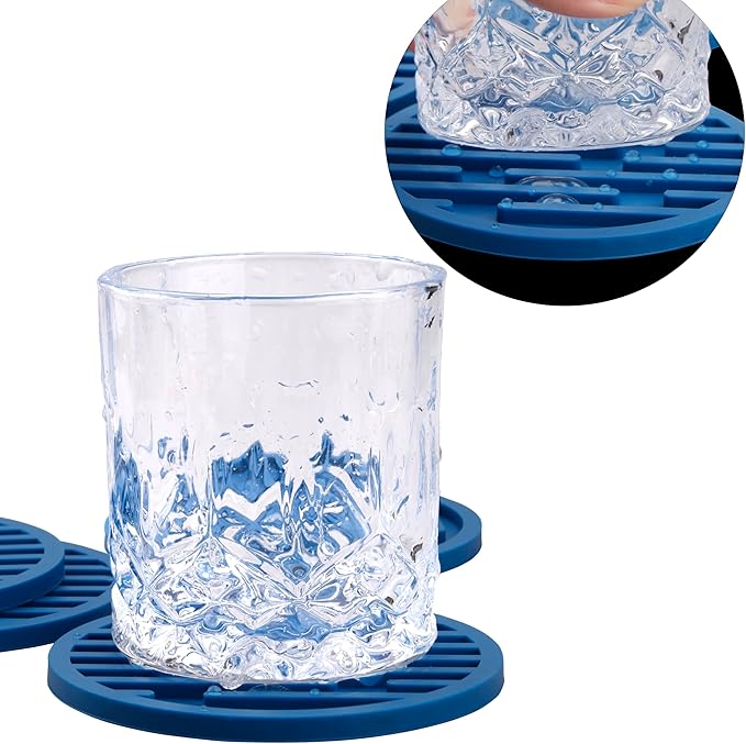 Coasters for Drinks & Coffee Table, Cute Silicone Cup Coasters with Holder, Drink Coaster Set of 8, Soft Cool Bar Coaster Dia 4 Inch, Beer Funny Mat for Tabletop, Desk and Outdoor Blue
