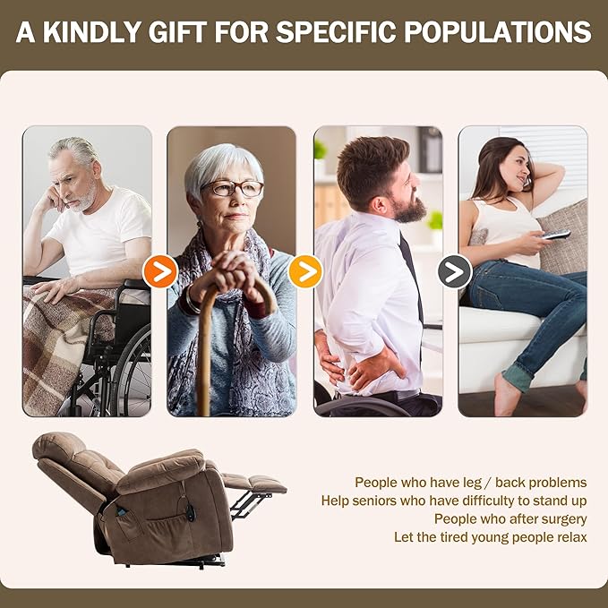 Oversized Power Lift Recliner Chair for Elderly with Massage Heat, Brown Velvet Electric Lay Flat Recliners with Cup Holders, Side Pockets, Infinite Position, Gift for Family