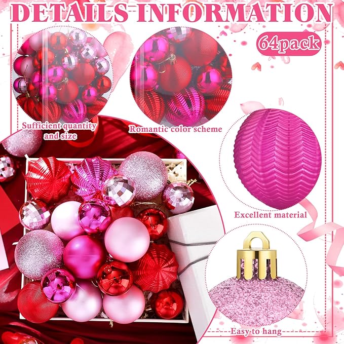 64 Pcs Christmas Ball Ornaments Glitter Red Hot Pink Ornament for Christmas Tree 1.6/1.97/2.4 Inch Shatterproof Assorted Size Xmas Baubles for Home Tree Holiday Party Supplies