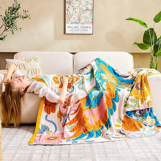 Boho Throw Blanket, Lightweight Blankets for Summer, 100% Cotton Bohemian Decorative Throw Blanket, 90"x98" Reversible Muslin Breathable Woven Farmhouse Blankets Quilt,