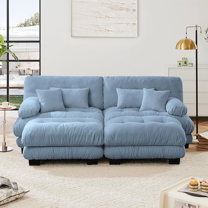 Modular Sectional Sofa, Comfy Cloud Couch Oversized Loveseat with Ottoman, Sectional Couches for Living Room, Modern Chenille U Shaped Couch, Sleeper Deep Seat Sofa with Throw Pillows, Blue