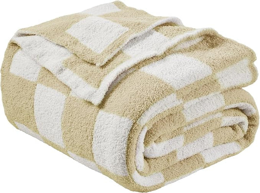 JOOJA Soft Cozy Checkerboard Beige Knit Throw Blanket for Couch Plaid Checkered 50x60 in