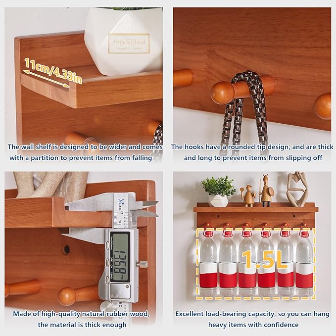 Wall Mounted Hook with Shelf,23.62in Entryway Wall Hanging Shelf,Solid Wood Coat Hooks,for Bathroom, Kitchen,Cherry Wood Color YD-WS0260C