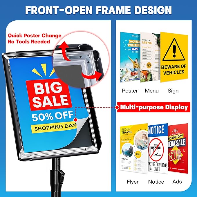 6Pack Sign Holder Stand - 8.5x11 Inch Adjustable Floor Standing Sign Stand for Display, Pedestal Poster Stand for Vertical & Horizontal View, Indoor & Outdoor Use for Business & Store - Black