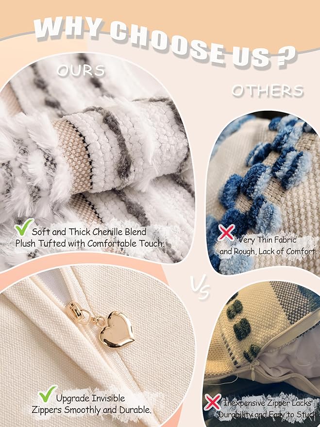 Boho Chenille Tufted Couch Throw Pillow Covers 18x18 Inch Set of 2 Farmhouse Striped Decorative Pillow Covers Accent Neutral Square Pillowcase Grey Cushion Covers for Livingroom Sofa Bed