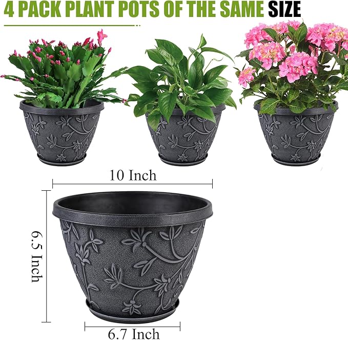 4 Pack 10 Inch Plant Pot for Outdoor Indoor, Plastic Flower Pots with Drainage Hole & Saucer, Lightweight Small Resin Flower Pot, Imitation Magnolia Planter Pots for Garden House（Gray）