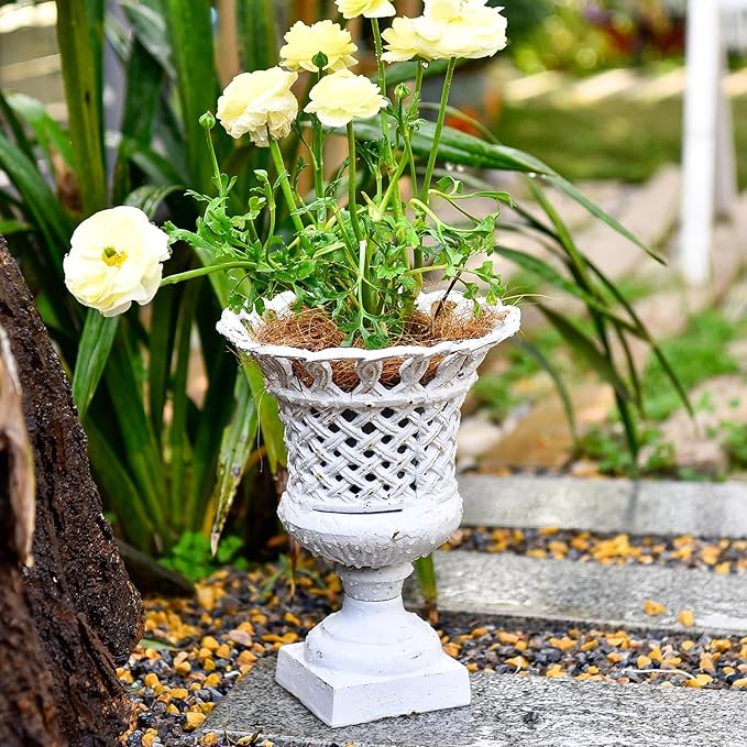 Sungmor Heavy Duty Cast Iron Urn Planter, Beautiful Hollow Trophy Design Tall Orchid Flower Pot, Large Decorative Plastic Flowers Plants Bouquets Vase, Rustic French Country Pot for Home or Garden