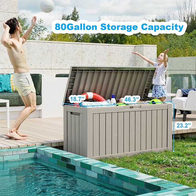 Vixzen 80 Gallon Resin Deck Box, Lockable Outdoor Storage Box for Patio Cushions Storage Furniture,Garden Tools, Pool Supplies, Weatherproof and UV Resistant- Grey