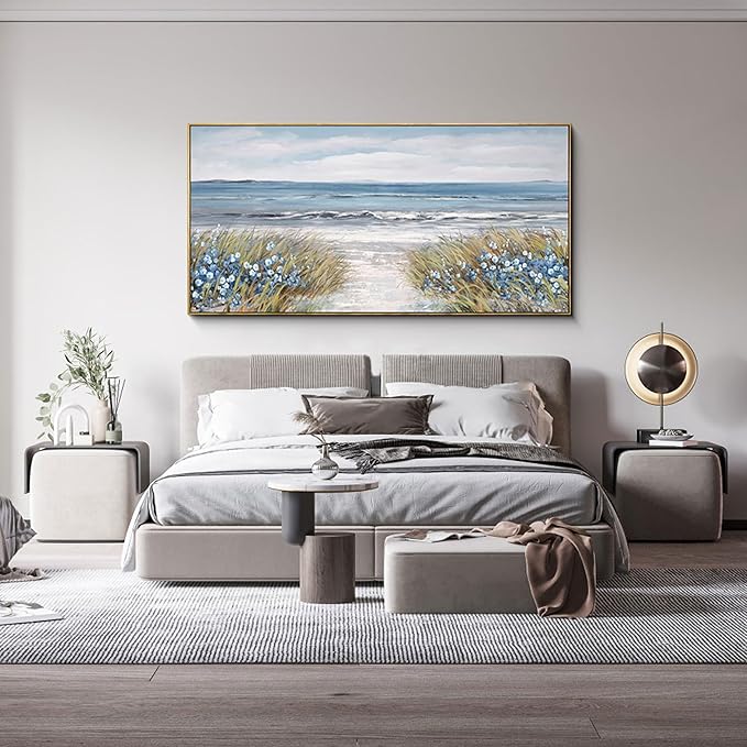 XLSJERST Large Framed Wall Art for Living Room Decor - Farmhouse Boho Beach Coastal Vintage Floral Ocean Wall Picture Flowers Sea Canvas Print Artwork for Home Bedroom Office 29x58