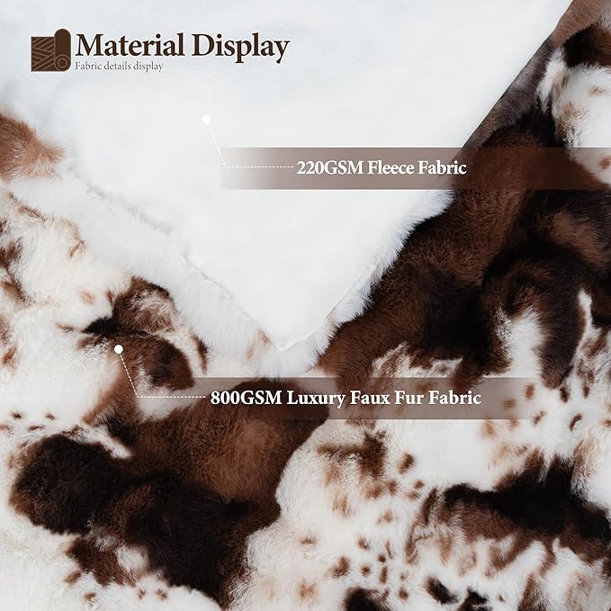 Touchat Cow Print Blanket for Couch, Faux Fur Throw Blanket, Super Heavy Warm Cozy Blankets for Bed Sofa, Bubble Plush Fuzzy Soft Mink Blanket for Living Room Bedroom, Cow Brown