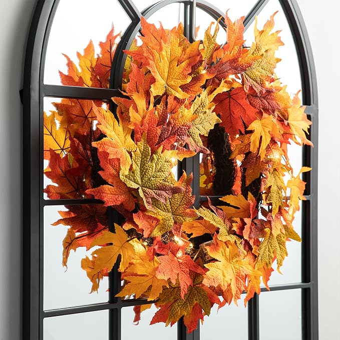 Glitzhome 24 Inch Pre-lit Fall Wreath, Autumn Wreath for Front Door, Lighted Maple Leaves Wreaths with Timer for Thanksgiving Halloween Christmas Wall Front Porch Home Decoration
