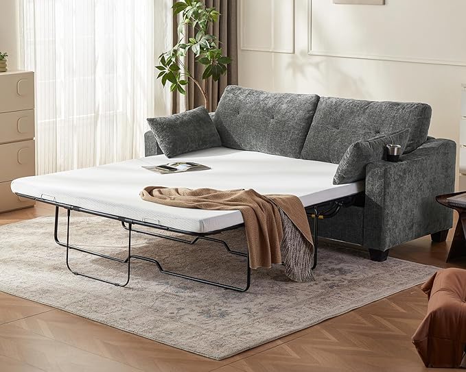 Pull Out Sofa Bed, Full Size Sleeper Sofa, 2-in-1 Convertible Corduroy Couch with USB Charging, Memory Form Couch for Living Room, Apartment and Small Space (Dark Grey, Chenille - Queen Size)