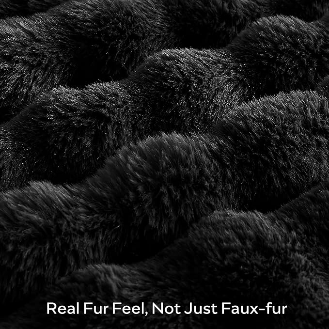 JELLYMONI Faux Fur Throw Blanket, Black Fuzzy Cozy Plush Bubble Bed Blanket, Thick and Warm King (108" x 90")