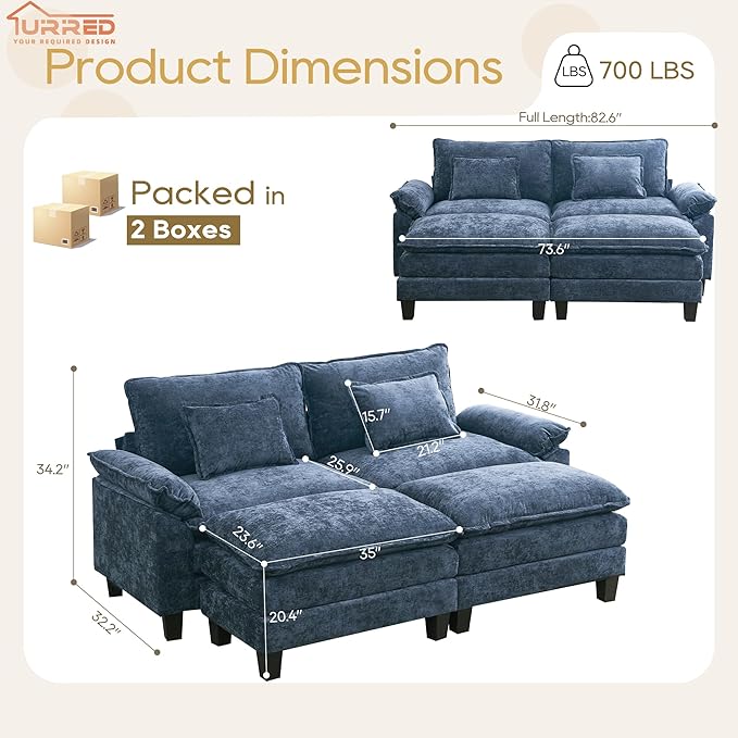 URRED Modular Sectional Sofa Comfy Cloud Couch, Modern Chenille Sofa Sleeper Deep Seat Couches with Ottoman/Pillows for Living Room (Blue, 82.6''- 2 Ottomans)