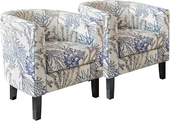 BELLEZE Living Room Chairs Set of 2, Linen Round Accent Barrel Chairs, Club Tub Sofa Chairs for Bedroom, Corner Chairs with Flared Legs and Cozy Soft Padding - Highland (Blue Coral)