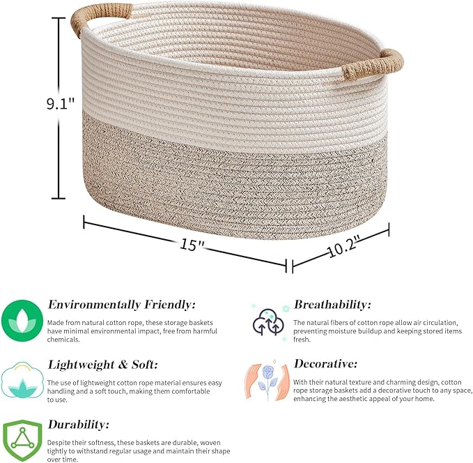Storage Baskets for Organizing | 15"x10.2"x9.1" - 1 Pack Nursery Bin with Handles - Woven Cotton Rope Baskets for Dog Toys, Books, Shelf, Bathroom,Closet -Stylish Storage | White & Beige