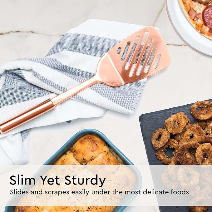 Copper Cooking Utensils Set – 5-Piece Rose Gold Stainless Steel Kitchen Tools for Cooking and Serving Includes Ladle, Spoon, Pasta Fork, Spatula, and Skimmer – Stylish Copper Kitchen Accessories