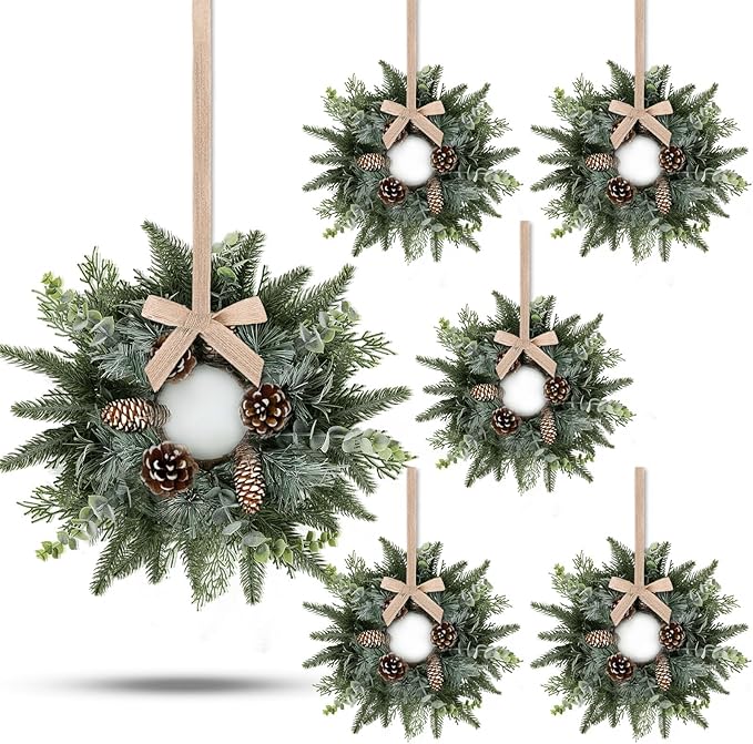 6 PCS Christmas Mini Cabinet Wreaths for Kitchen with Burlap Ribbon Norfolk Snowy Pine Needles Garland Pinecones Artificial Cedar Wreaths for Xmas Front Door Window Home Table Pillar Chair Wall Decor