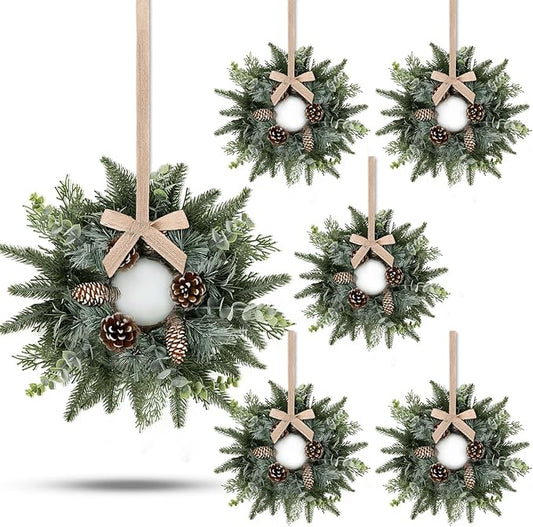 6 PCS Christmas Mini Cabinet Wreaths for Kitchen with Burlap Ribbon Norfolk Snowy Pine Needles Garland Pinecones Artificial Cedar Wreaths for Xmas Front Door Window Home Table Pillar Chair Wall Decor