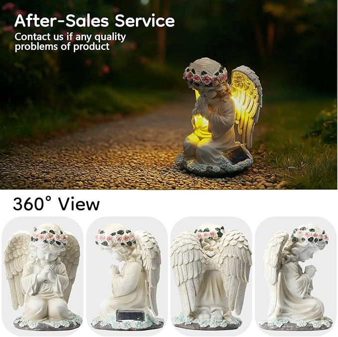 Solar Angel Prayer Statue, Memory Guardian Garden Decor with Warm Light - Religious Outdoor Decor, Auto On/Off LED Light, Memorial Gift for Cemetery, Patio & Gravesite
