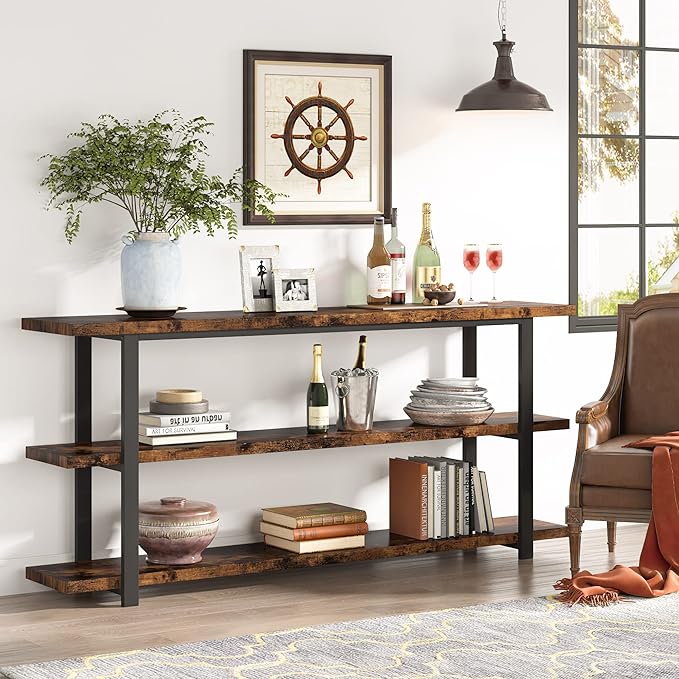 70.8 Inch Extra Long Console Table for Entryway, Narrow Hallway Table, Wood Sofa Table with 3 Tier Storage Shelves for Living Room