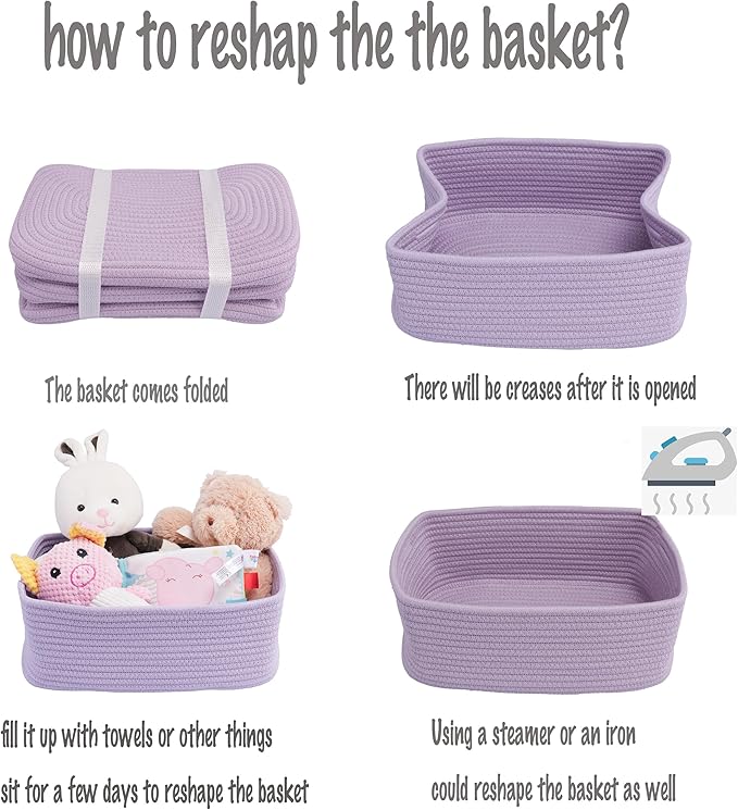 Small Woven Storage Baskets 12“X8”X5“ Decorative Rope Bins for Organizing Shelves, Closets, and Toys, Empty Gift Baskets, Cute Organizer Basket for Home and Office (purple, regular)
