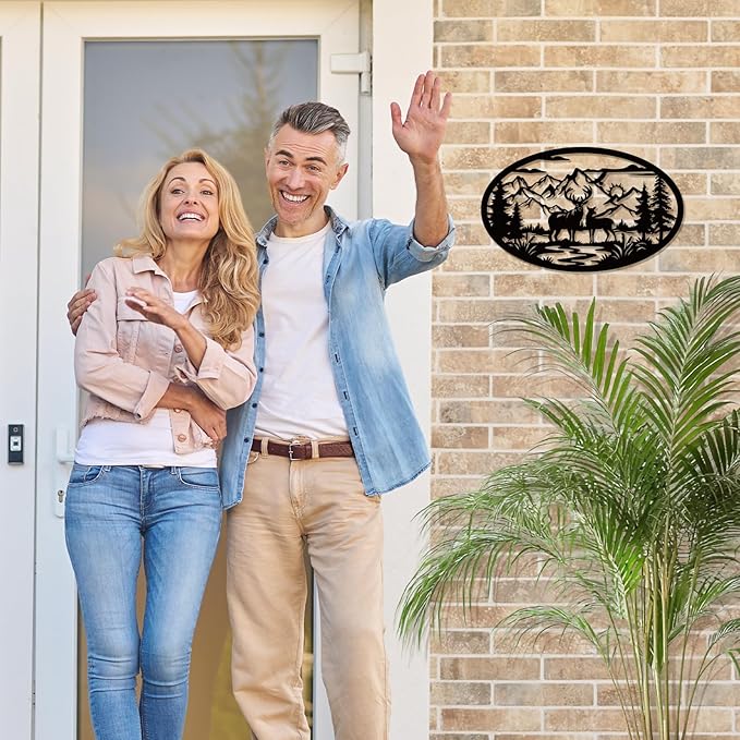 Rustic Metal Deer Cabin Sign, Christmas Gift for Living Room,Welcome Sign, Deer Outdoor Metal Wall Art, Great Gift for Hunters, Cabin Deco