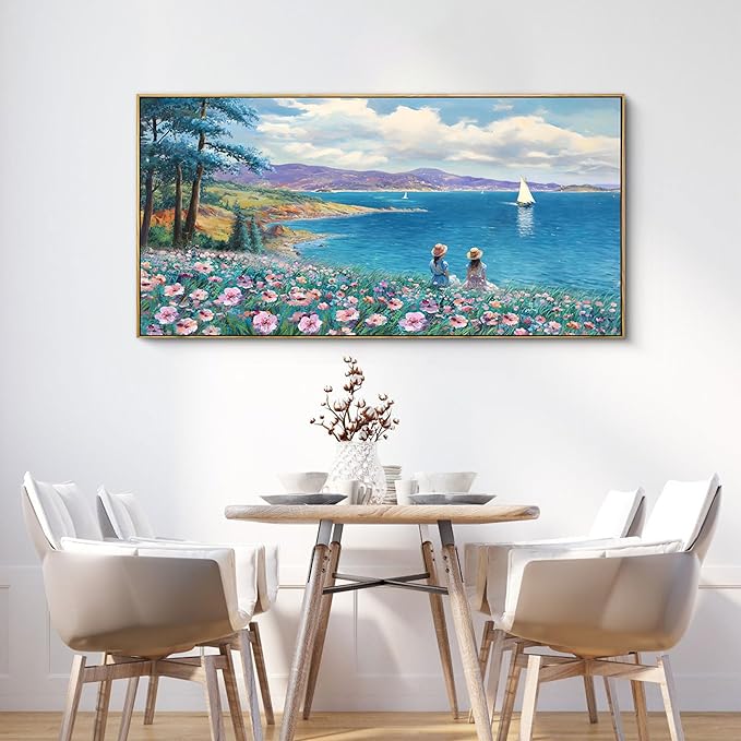 XLSJERST Large Landscape Wall Art - Blue Ocean Pink Flower Sailboat Mountain Tree Decor Orange Frame Artwork for Wall Large Picture for Living Room Bedroom Home Office Wall Decoration Size 24x48