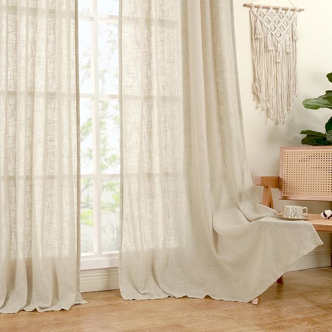 LAMIT 45 Inch Short Window Linen Curtains for Bedroom, Light Filtering Panels Bronze Grommet Neutral Drapes for Cafe/Bathroom/Loft Room, Linen, 2 Panels, 34 x 45 Inch