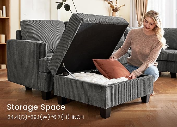 Nolany Sectional Sofa with Storage Ottoman, U Shape Couch with Chaise, Corduroy Modular Sectional Couch for Living Room, Dark Grey