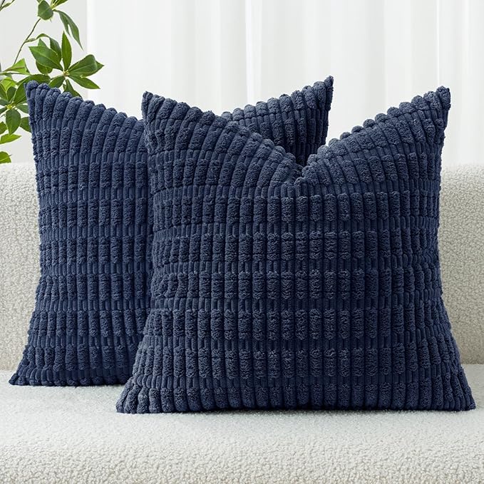MIULEE Pack of 2 Corduroy Decorative Euro Sham Throw Pillow Covers 22x22 Inch Soft Boho Striped Pillow Covers Modern Farmhouse Home Decor for Summer Coastal Sofa Living Room Couch Bed Dark Blue