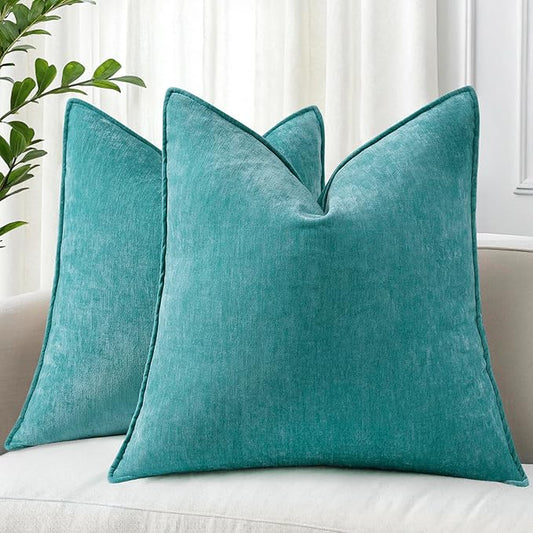 decorUhome Couch Throw Pillow Covers 24x24 Set of 2, Decorative Soft Euro Neutral Chenille Pillow Covers with Elegant Design for Sofa Bed Living Room Home Decor, Teal