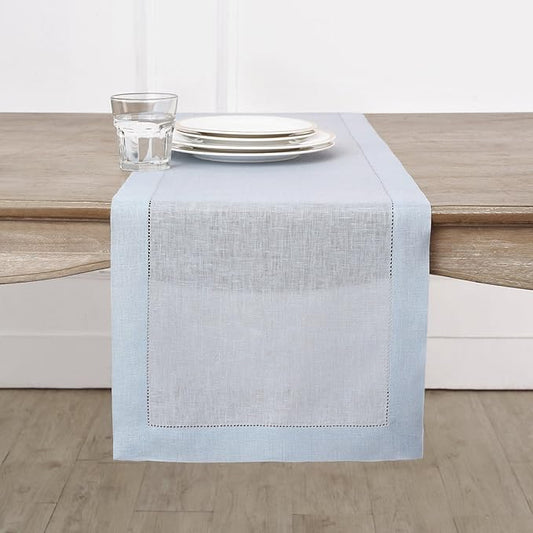 Solino Home Linen Light Blue Table Runner 48 Inches - Classic Hemstitch, 100% Pure Linen Coffee Table Runner 14 x 48 Inch Ideal for Dresser Tables